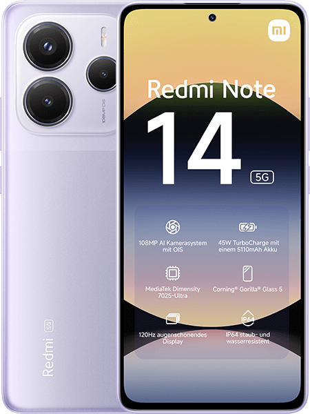 Jetzt das maXXim Allnet Flat 30 GB + Xiaomi Redmi Note 14 5G Lavender Purple ab 24.99,-€/Monat